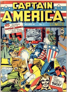 {Image is of an old Captain America comic. It shows Captain America punching Hitler in the face.}