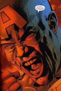 {Image is a scan of a comic. It is a close-up of Captain America's face. He is pointing at the A on his cowl and yelling, 