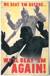{Image is a World War II propaganda poster. A Nazi soldier is in the foreground with a bayonet pointed at his neck. He is holding his hands up in surrender. A German WWI soldier is in the background, mirroring this position. The text reads, 